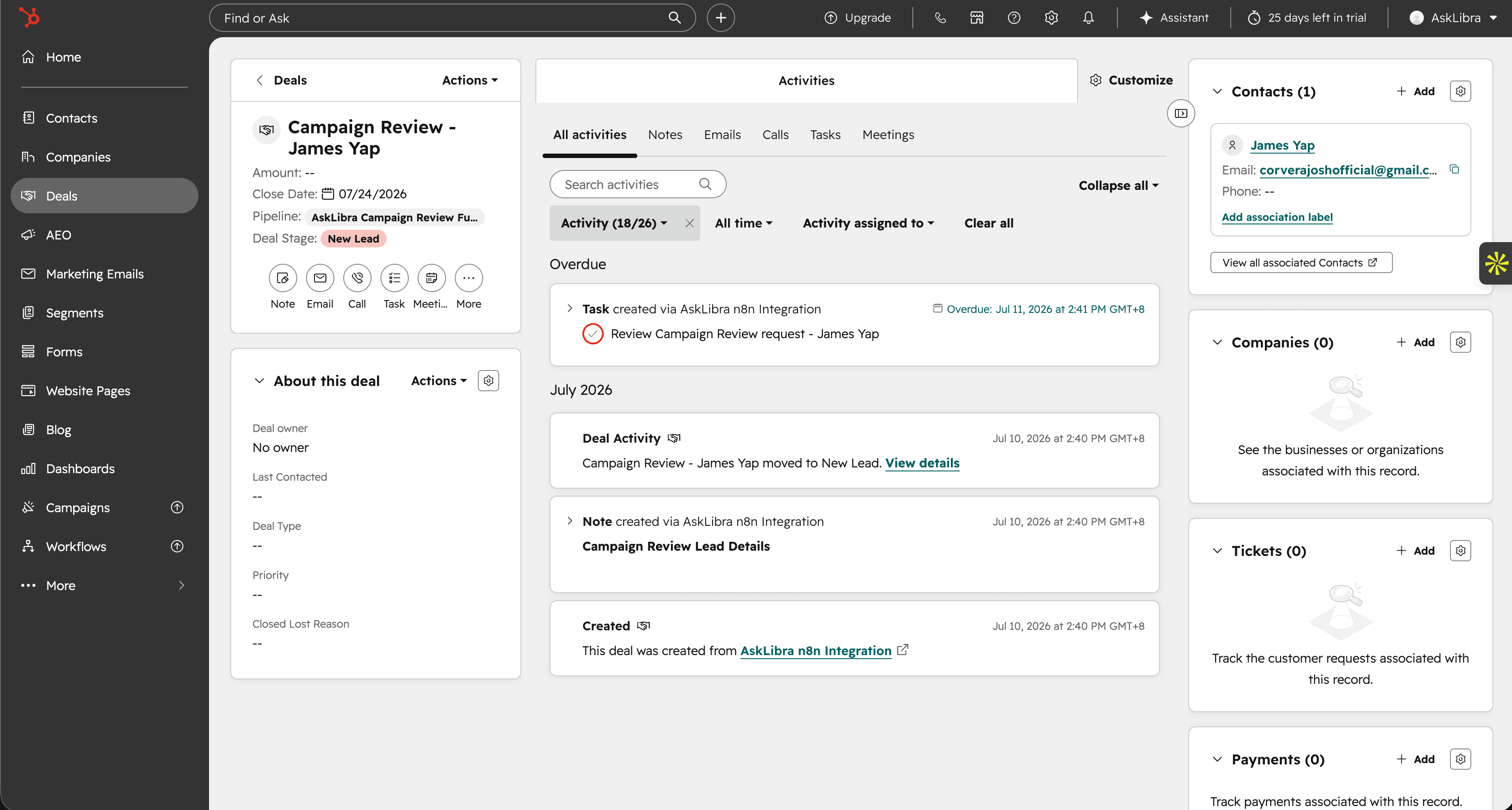 HubSpot deals pipeline showing captured AskLibra leads organized for CRM review