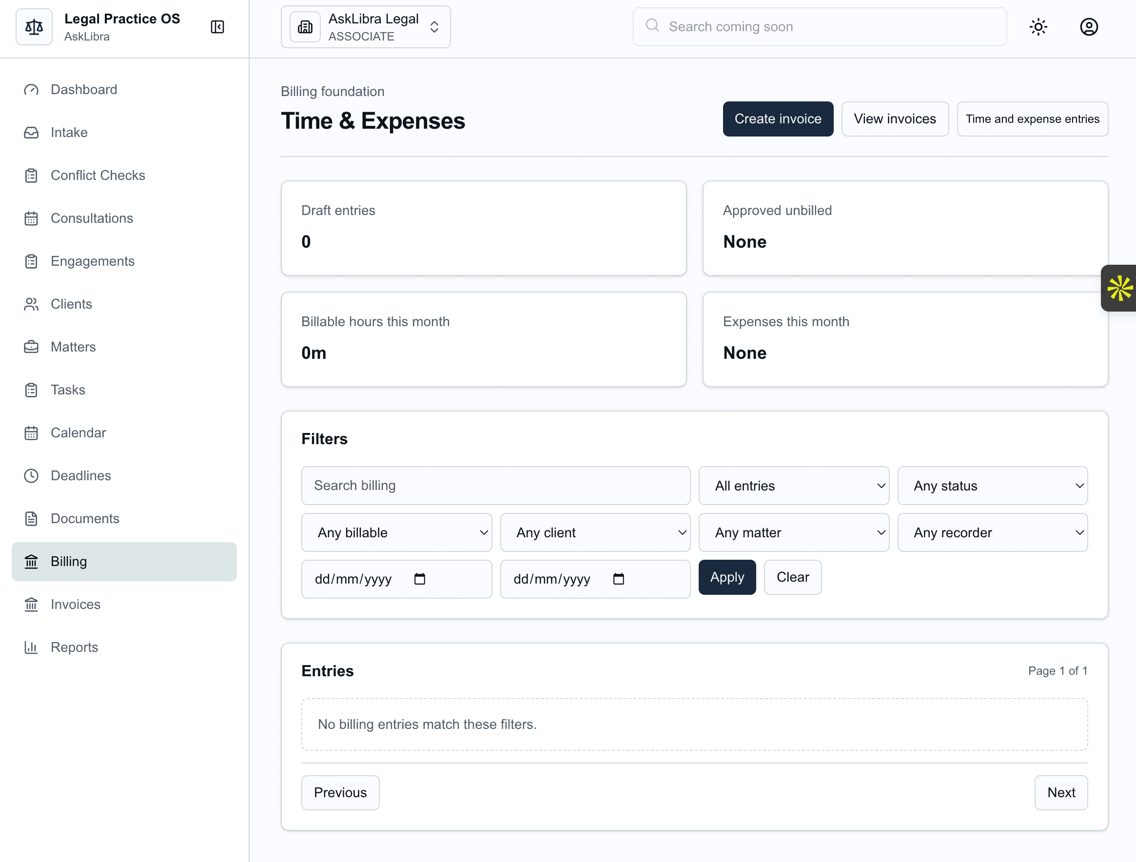 Legal Practice OS billing and invoicing view