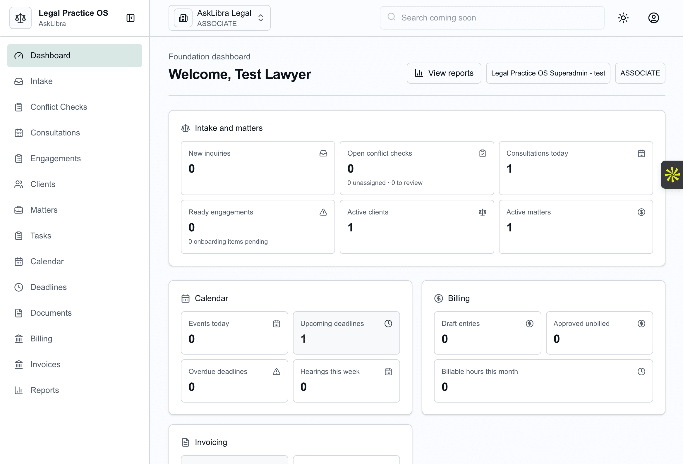 Legal Practice OS dashboard interface